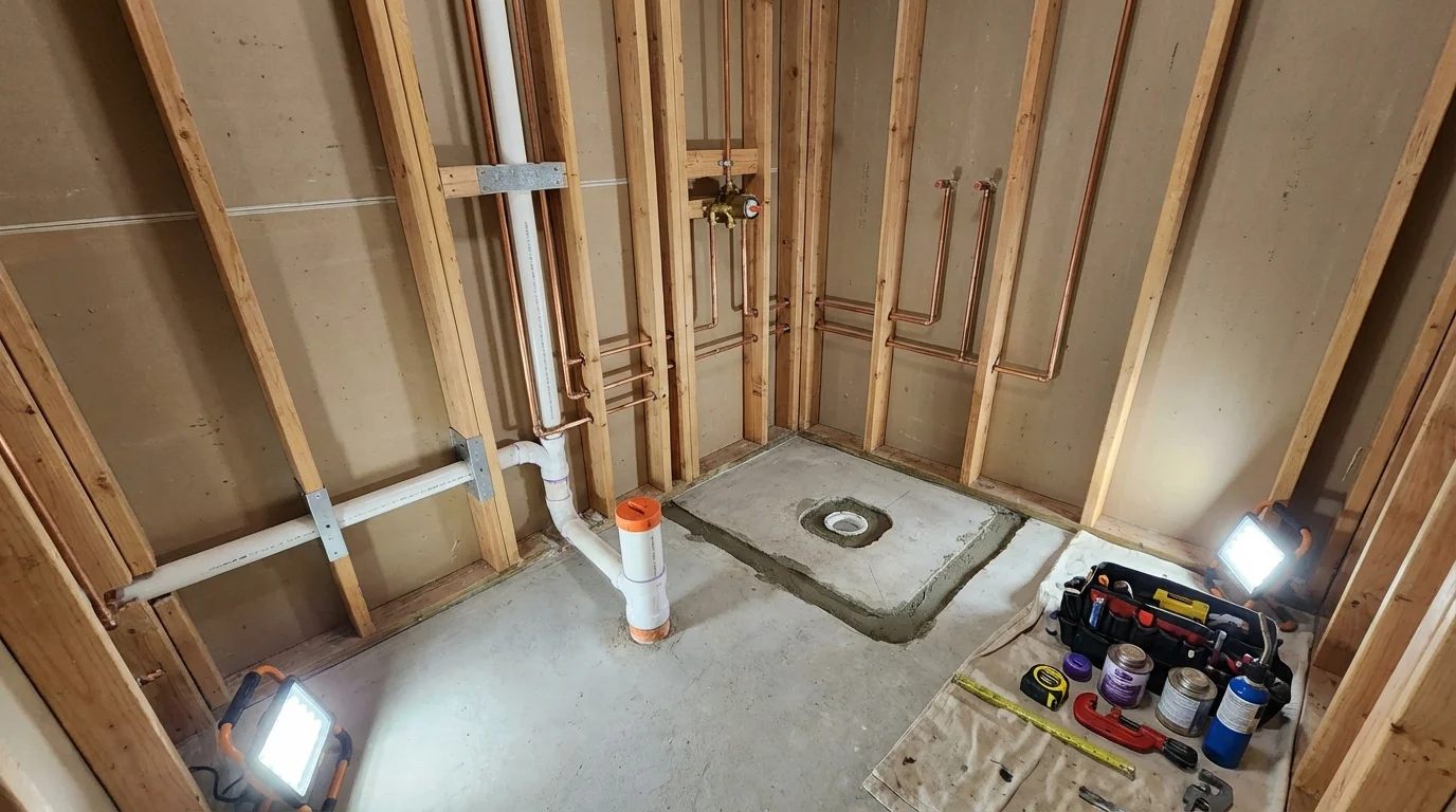 Bathroom rough-in plumbing during remodel by Johns Plumbing LLC in Grand Haven