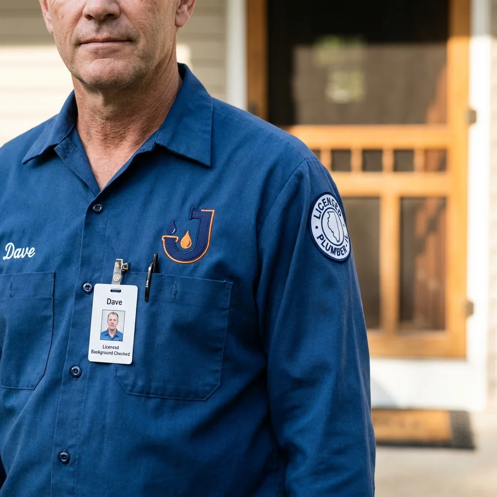Licensed plumber showing ID badge in Grand Haven, MI