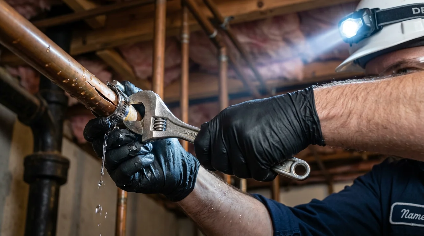 Emergency pipe clamp repair being performed by a Johns Plumbing LLC plumber in Grand Haven