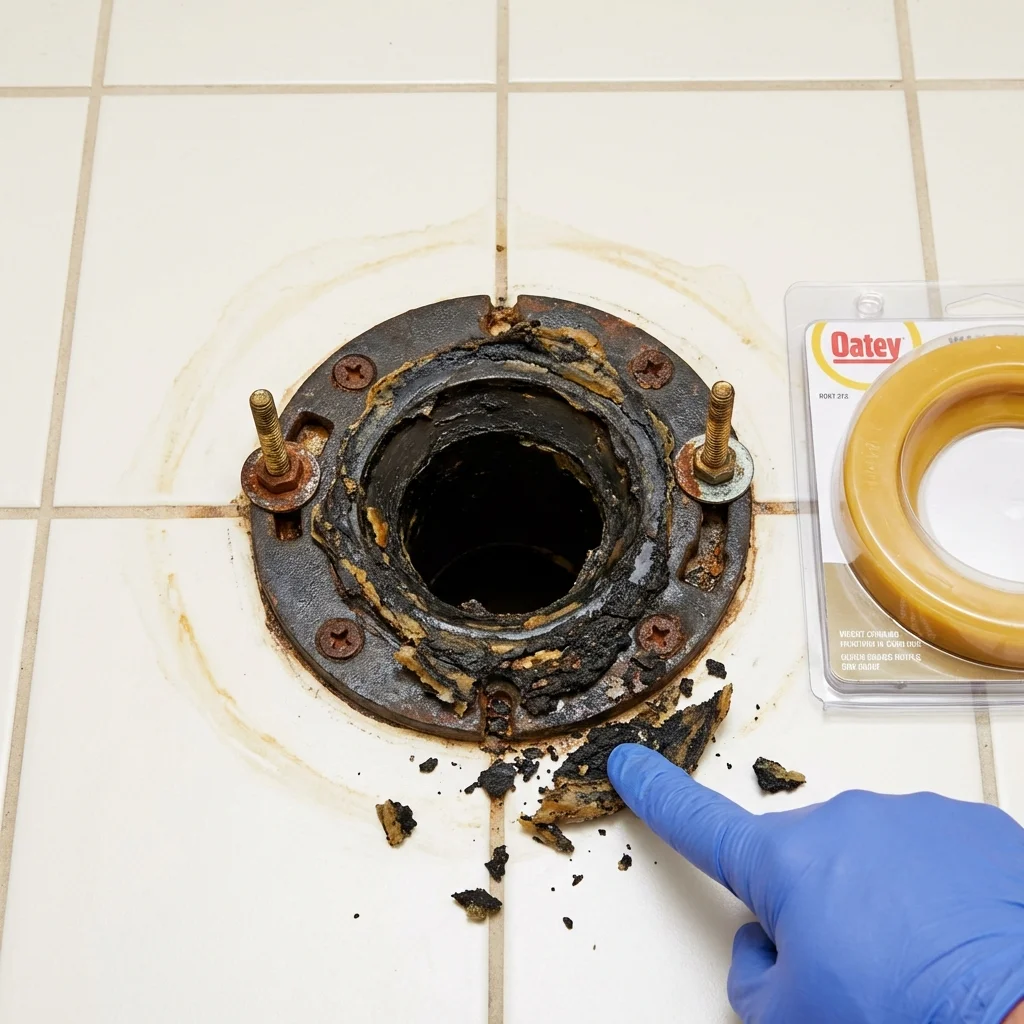 Failed wax ring showing water seepage at the base of a toilet in a Grand Haven, MI home
