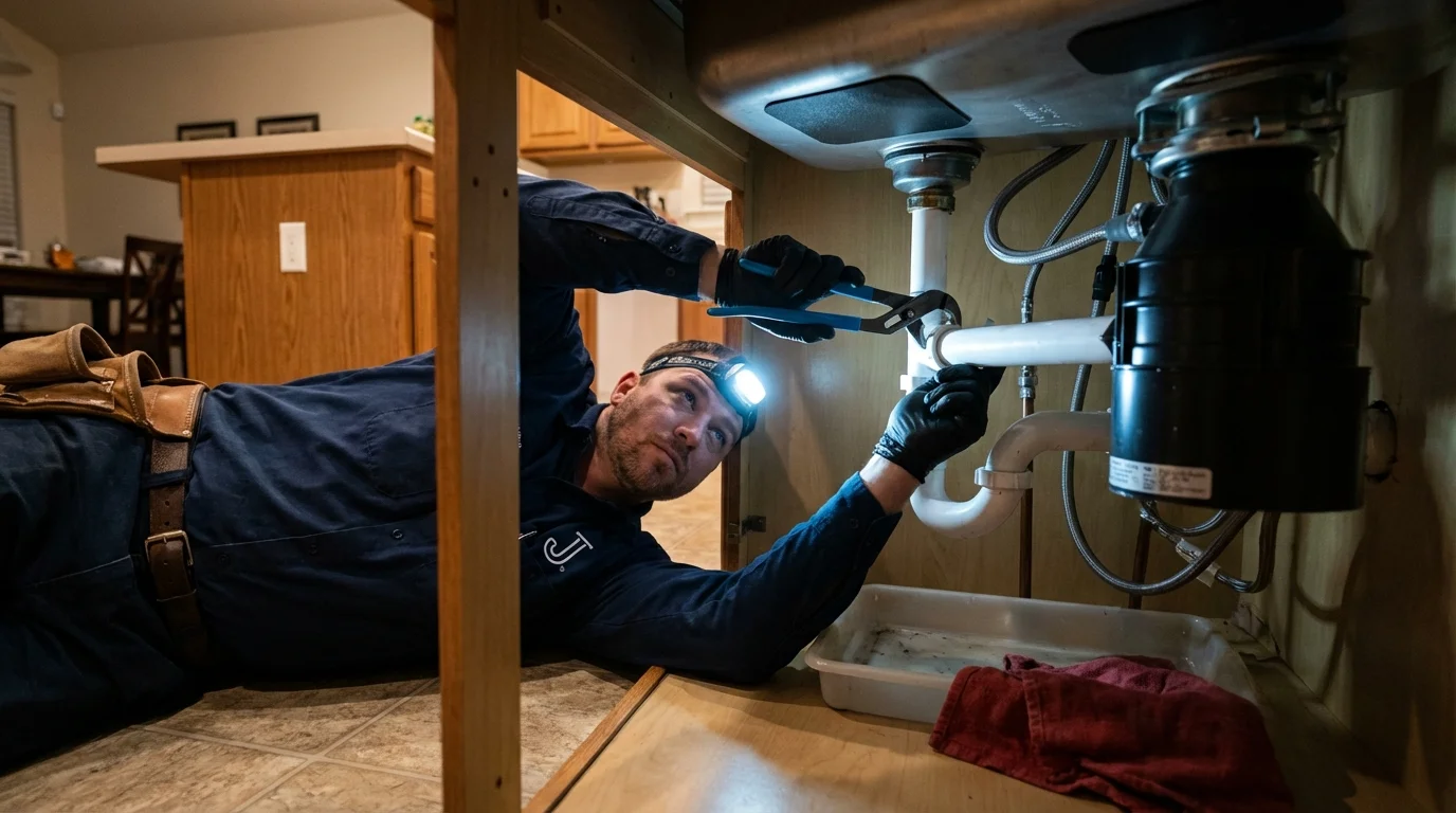 P-trap and supply line connections under a kitchen sink showing a common leak point in Grand Haven, MI